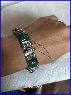 Vtg Marked Mexico Sterling Silver Bracelet Bangle With Chrysoprase Stones