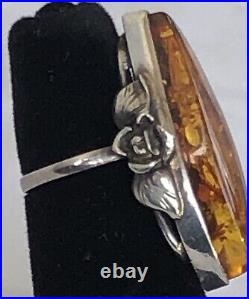 Vtg Russian 925 Multi Pod Honey Amber Side SS Flower Ring, Two New Pictures