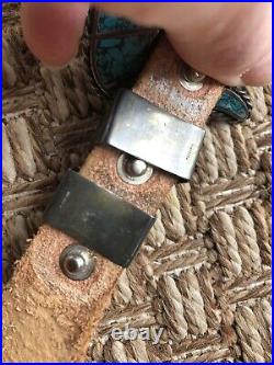 Western Belt Buckle Set Marked Sterling Silver 925 Turquoise Leather Tooled Belt