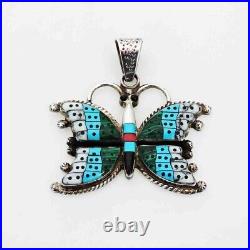Zuni Sterling Silver Butterfly Pendant Inlaid Turquoise Mother of Pearl Marked